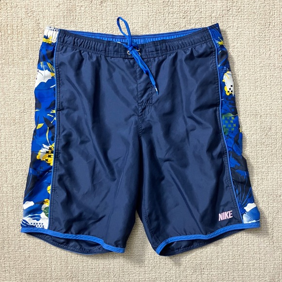 Nike Swim Trunks Floral Print Lined Swimsuit Shorts‎ Blue Size L - Picture 1 of 4